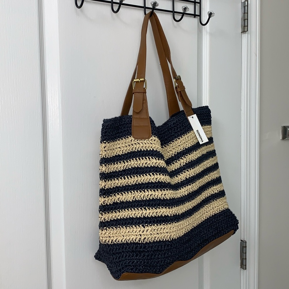 Navy Blue and Cream Striped Woven Straw Tote Bag - Picture 4 of 17